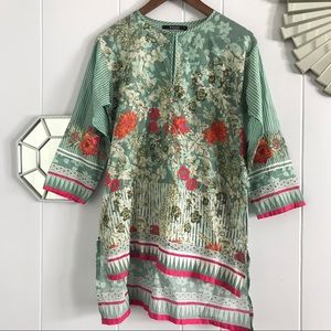 Multicolor Floral Green & Pink Tunic Kaftan
